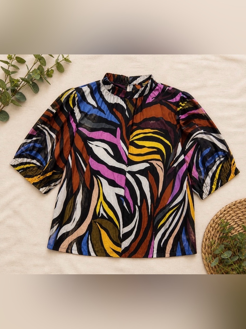 Boho Ivy Jane Abstract Colorful Print Linen, Statement Sleeve, Mock Neck Blouse